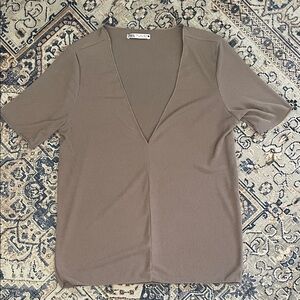 Zara Taupe Sexy Short Sleeve V-Neck Top